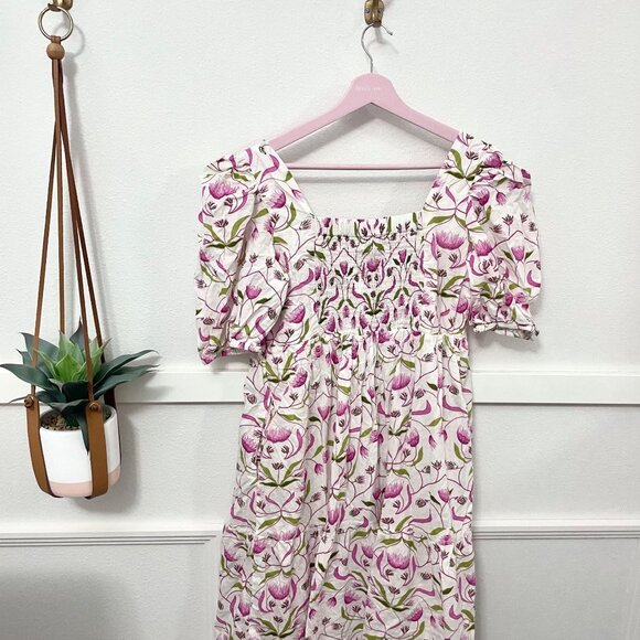 Monsoon & Beyond 1919 Estella Mongrove Pink Floral Puff Sleeve Midi Dress Size L - Picture 5 of 6